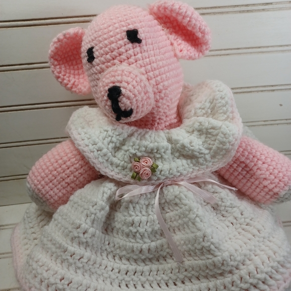 Vintage handmade crochet bear white pink plush knitted with dress. Very cute and